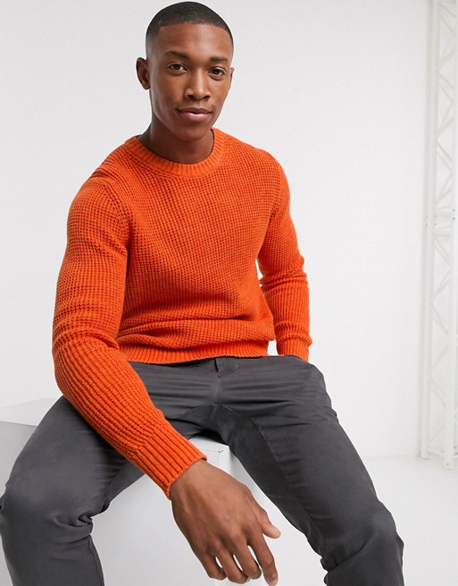 Selected Homme organic cotton waffle knitted crew neck jumper in orange