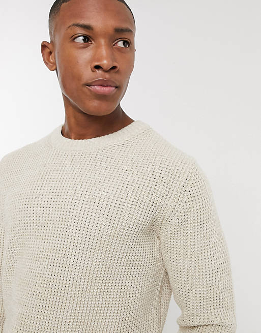Selected Homme organic cotton waffle knitted crew neck jumper in stone ...