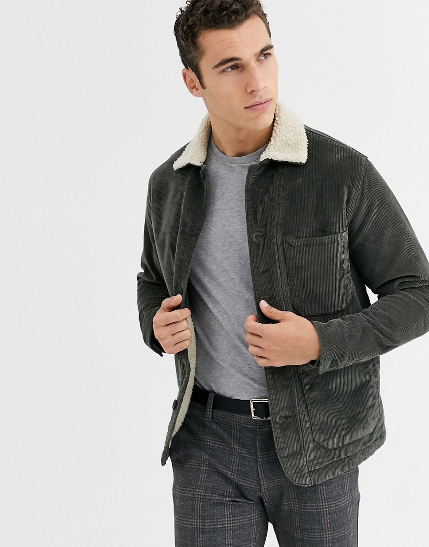 Selected Homme organic teddy lined cord jacket in green