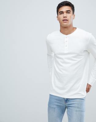 Selected Homme overdye long sleeve henley t-shirt in white