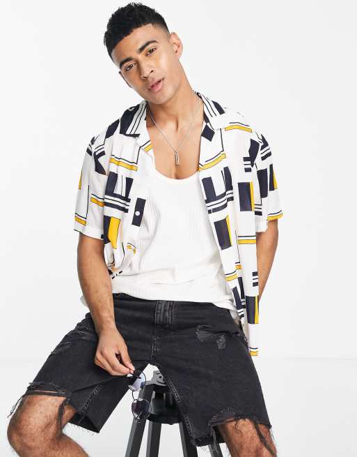 Selected Homme - Overhemd met korte mouwen en reverskraag in witte geblokte print