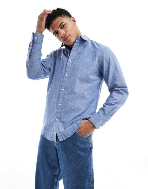 Selected Homme - Overhemd met lange mouwen van linnenmix in blauw
