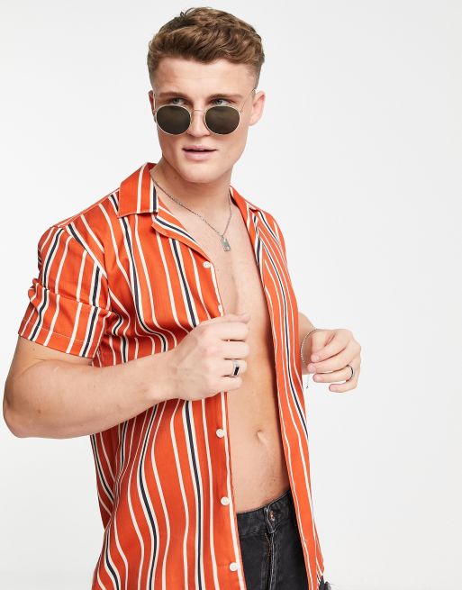 Selected Homme - Overhemd met reverskraag in oranje met marineblauwe verticale strepen