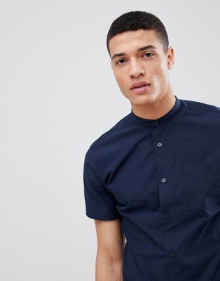 Selected Homme - Overhemd zonder kraag met korte mouwen-Marineblauw