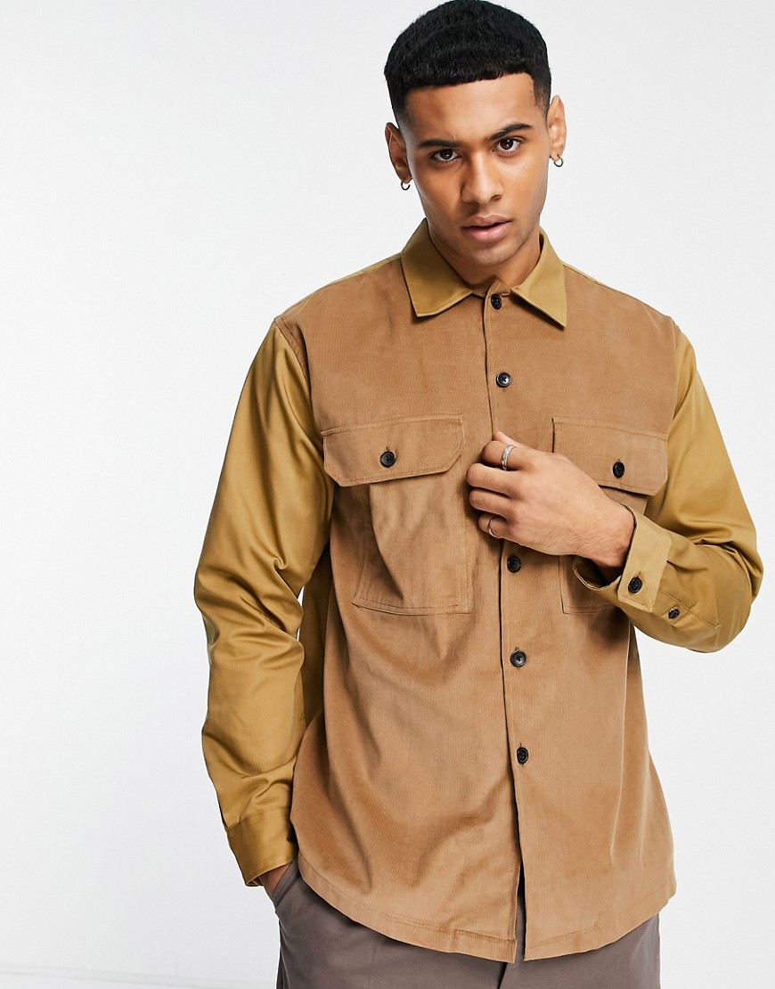Selected Homme overshirt in cord mix in beige-Neutral