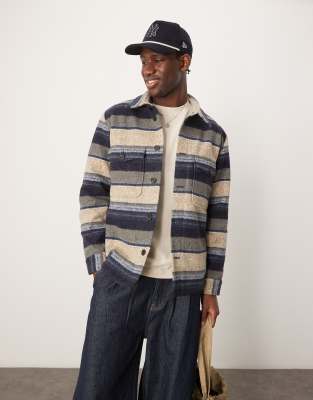 Selected Homme Selected Homme Overshirt Shacket in cream navy stripe with pockets-Multi