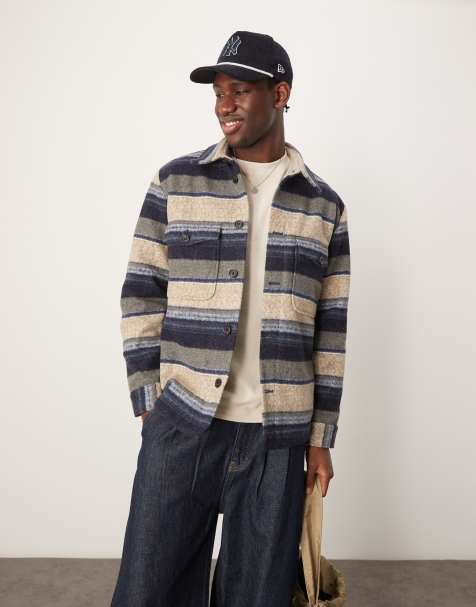 Selected Homme Overshirt Shacket in cream navy stripe with pockets - view 1