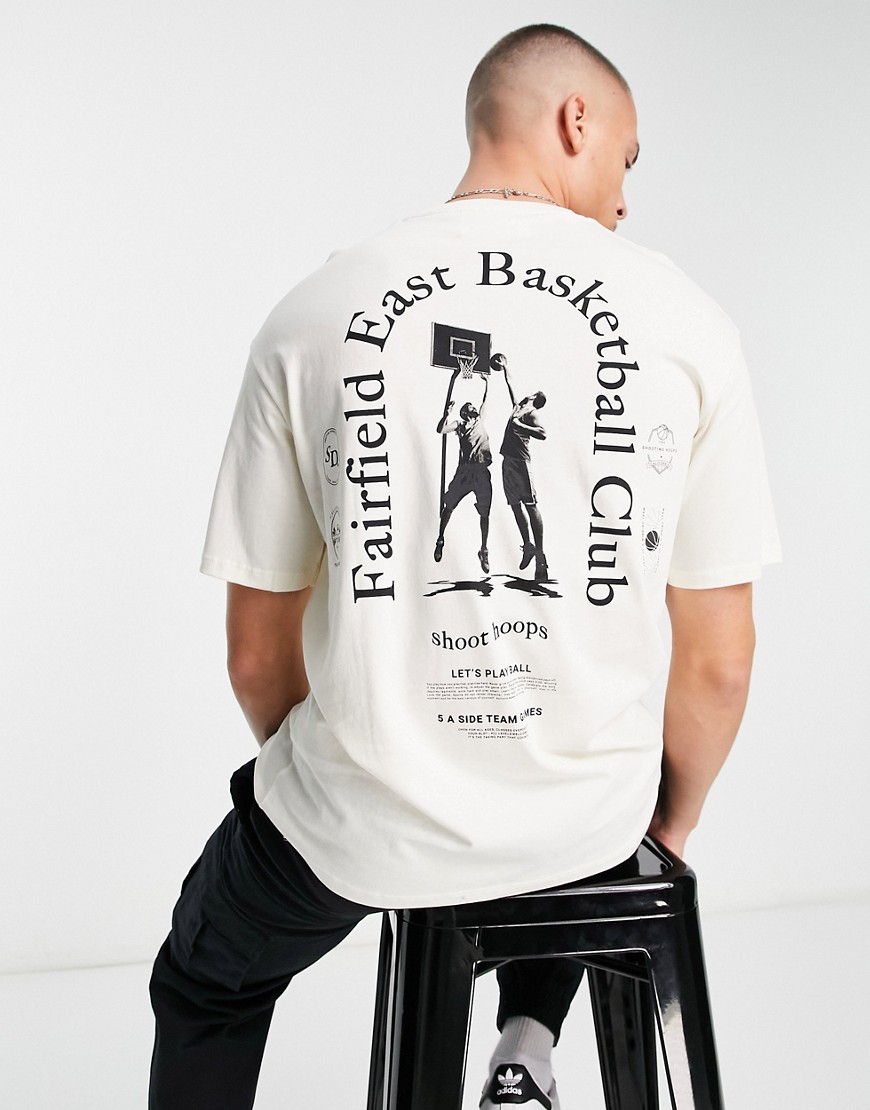 Selected Homme oversize fit t-shirt with basketball back print in beige-Neutral
