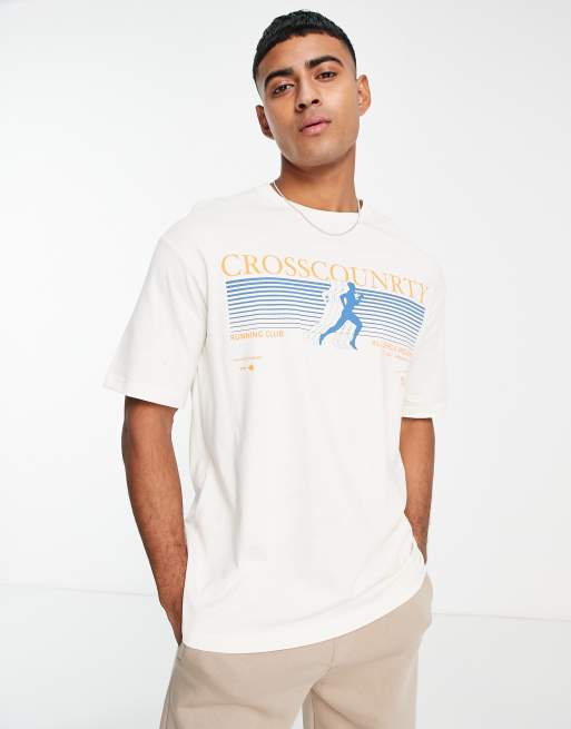 Selected Homme oversize fit t shirt with running print in beige ASOS