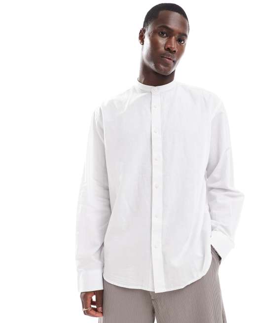Selected Homme – Oversize-Hemd aus Leinenmischung in Weiß mit Grandad-Kragen