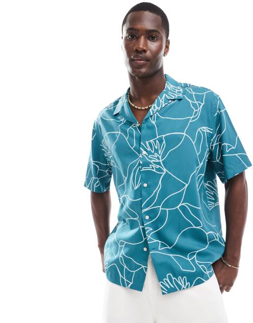 Selected Homme – Oversize-Hemd in Grün mit floralem Linienprint und Reverskragen 