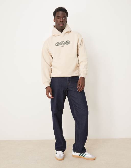 Selected Homme Oversize Kapuzenpullover in Beige mit mittigem Print