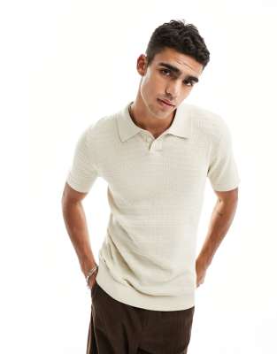 Selected Homme Selected Homme oversize knitted polo in beige-Neutral