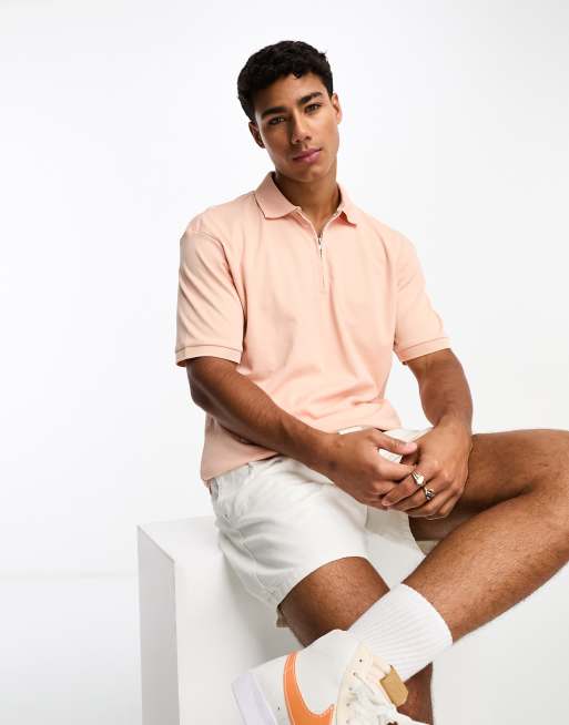 Selected Homme oversize polo with zip neck in pink ASOS