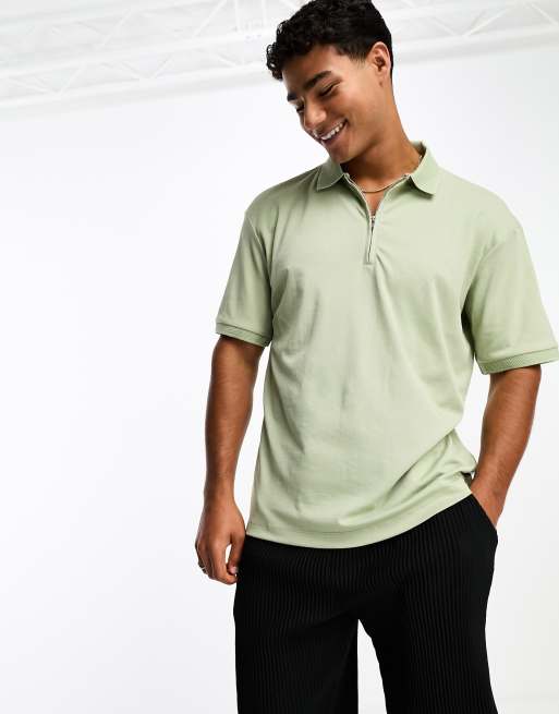 Selected Homme oversize polo with zip neck in sage