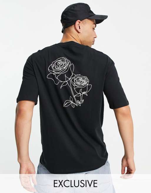Selected Homme – Oversize-T-Shirt aus Baumwollmix in Schwarz mit Rosen-Skizzenprint am Rücken, Exklusiv bei ASOS - BLACK
