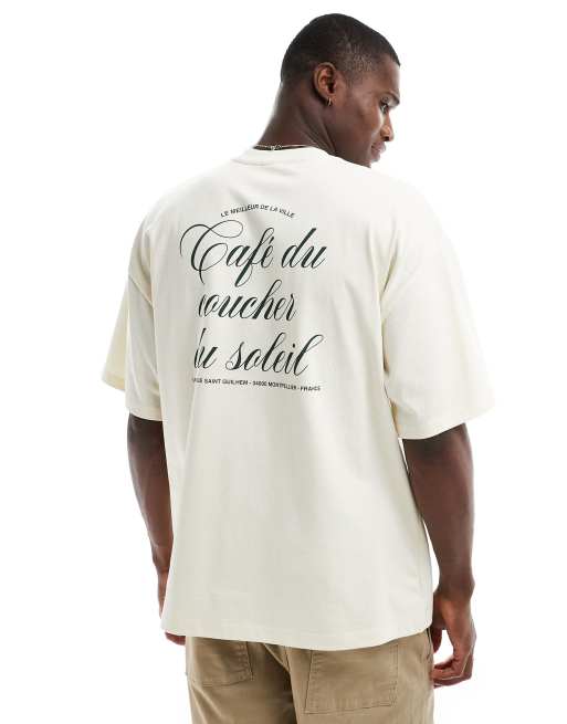 Selected Homme – Oversize-T-Shirt aus robustem Stoff in Creme mit Text-Rückenprint, 4 von 4