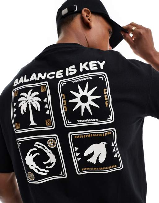 Selected Homme – Oversize-T-Shirt in Schwarz mit platziertem „Balance“- und Palmenprint auf dem Rücken
