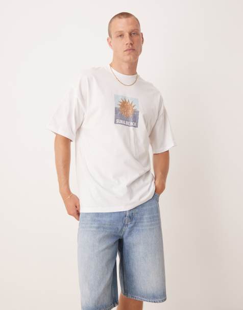 Selected Homme – Oversize-T-Shirt in Weiß mit Sonnen-Print vorne - view 1