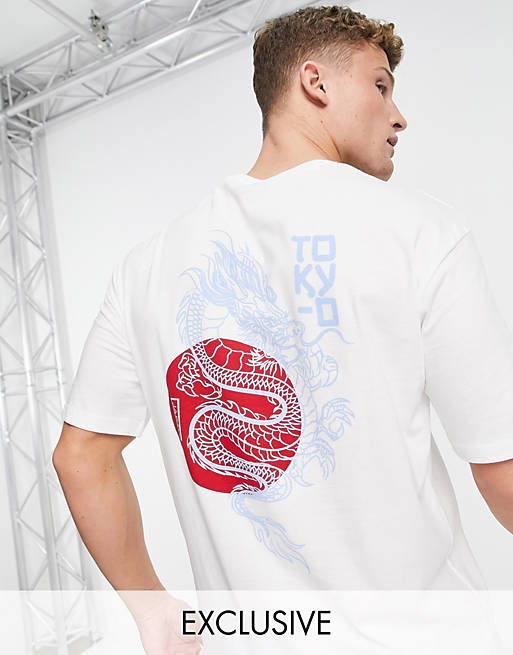Selected Homme organic cotton oversized t-shirt with dragon back print in white Exclusive at ASOS