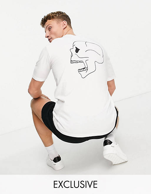 Selected Homme organic cotton blend oversized t-shirt with skull back print in white Exclusive at ASOS