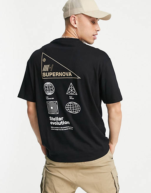 Selected Homme cotton blend oversized t-shirt with supernova back print in black Exclusive to ASOS - BLACK