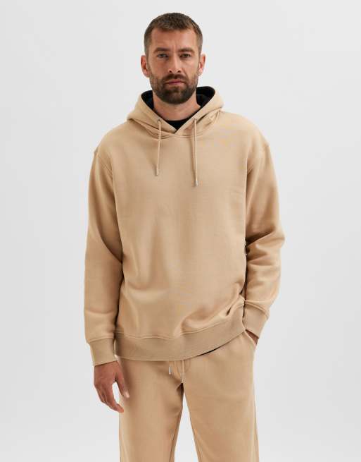 Selected Homme - Oversized beige hættetrøje med kontrasthætte - Del af sæt