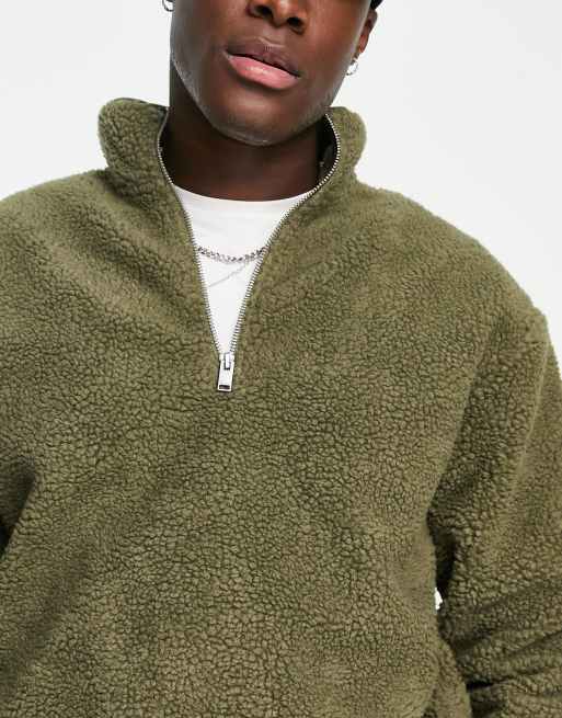 Selected Homme oversized borg half zip sweat in khaki | ASOS