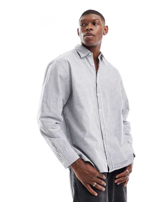 Selected Homme - Oversized boxy gestreept overhemd in blauw