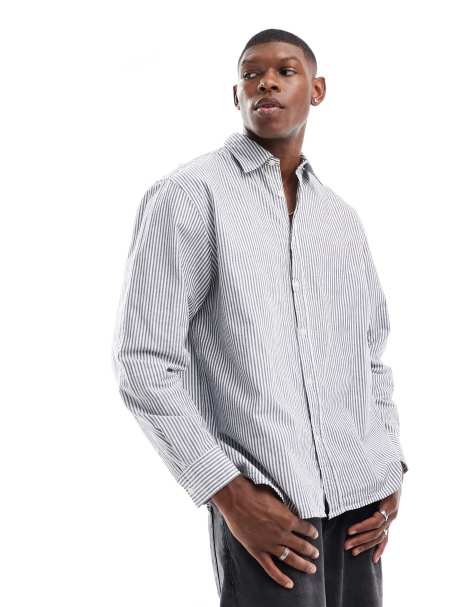 Selected Homme oversized boxy shirt in blue stripe - view 1
