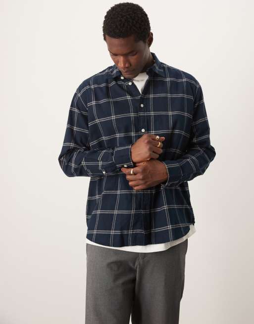 Selected Homme oversized boxy shirt in navy windowpane check | ASOS