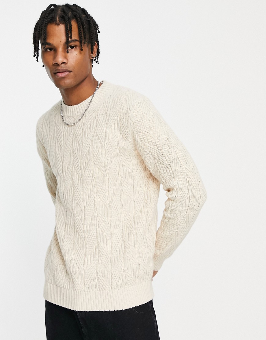 Selected Homme oversized cable knitted jumper in beige-Neutral