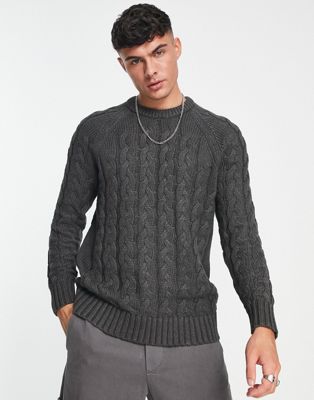 Selected Homme oversized cable knitted jumper in dark grey
