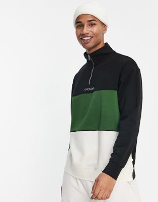 Selected Homme oversized colour block 1/4 zip sweatshirt in black & green - ASOS Price Checker