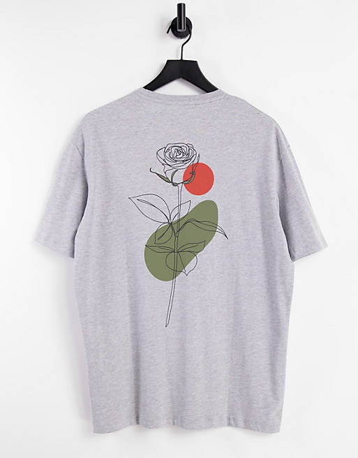 Selected Homme organic cotton oversized fit t-shirt with rose sketch back print grey