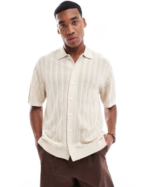 Selected Homme - Oversized gehaakt overhemd in crème