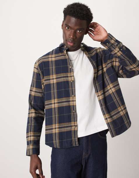 Selected Homme - Oversized geruit overhemd in marineblauw en geel - view 1