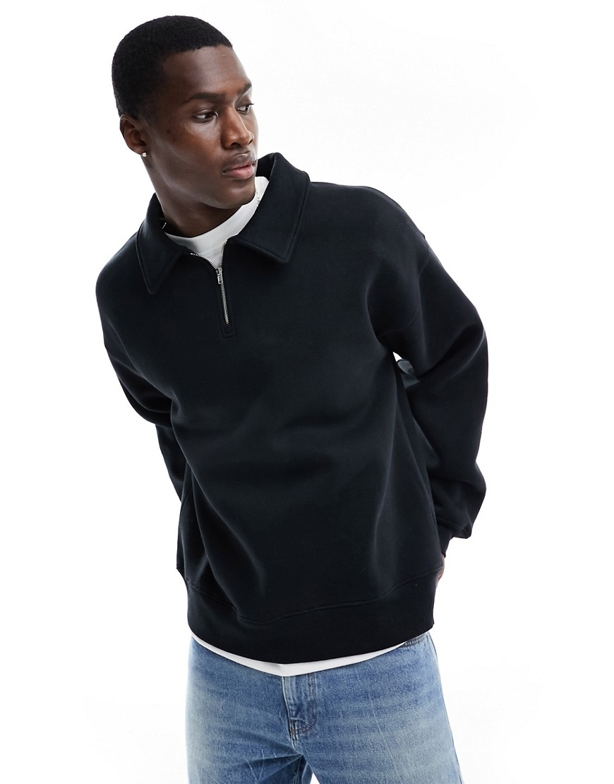 Selected Homme Oversized Half Zip Long Sleeved Polo In Black Sweatshirt Fabric