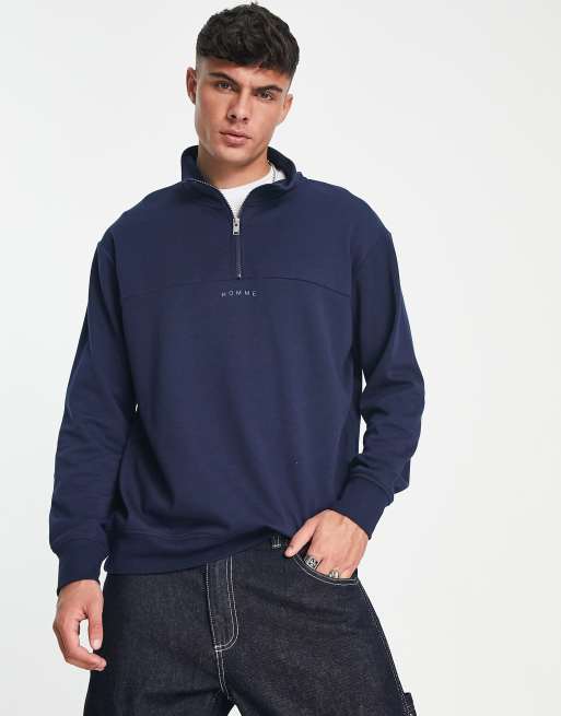 Selected Homme oversized half zip sweat with logo in navy