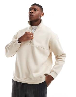 Selected Homme Oversized Half Zip Sweatshirt In Cream-white