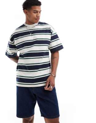 Selected Homme Selected Homme oversized heavy weight t-shirt in cream green navy stripe-Multi