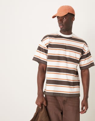 oversized heavy weight t-shirt in cream tan brown stripe-Multi