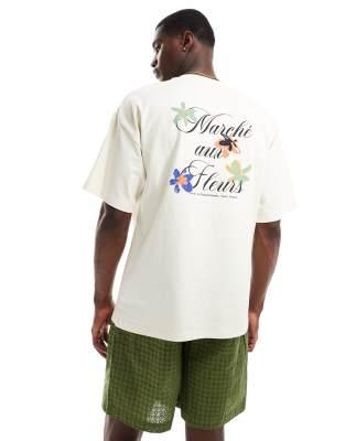 Плотная футболка Selected Homme oversize с цветочным принтом сзади кремового цвета