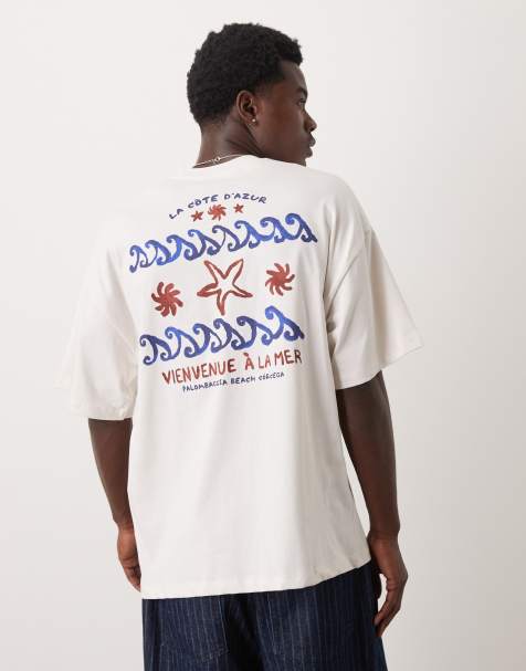 Selected Homme oversized heavy weight t-shirt with sea back print in off white - view 1