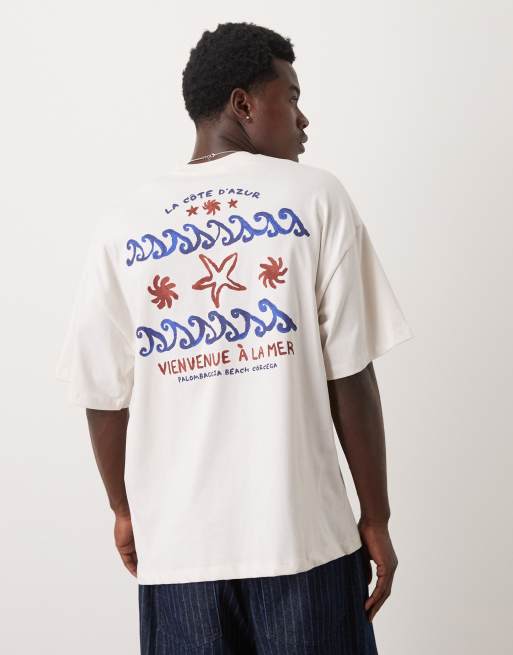 Selected Homme oversized heavy weight t-shirt with sea back print in off white