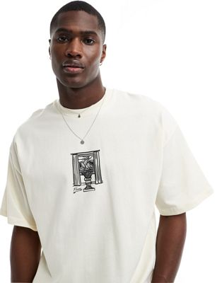 Selected Homme oversized heavy weight t-shirt with vase chestprint in cream