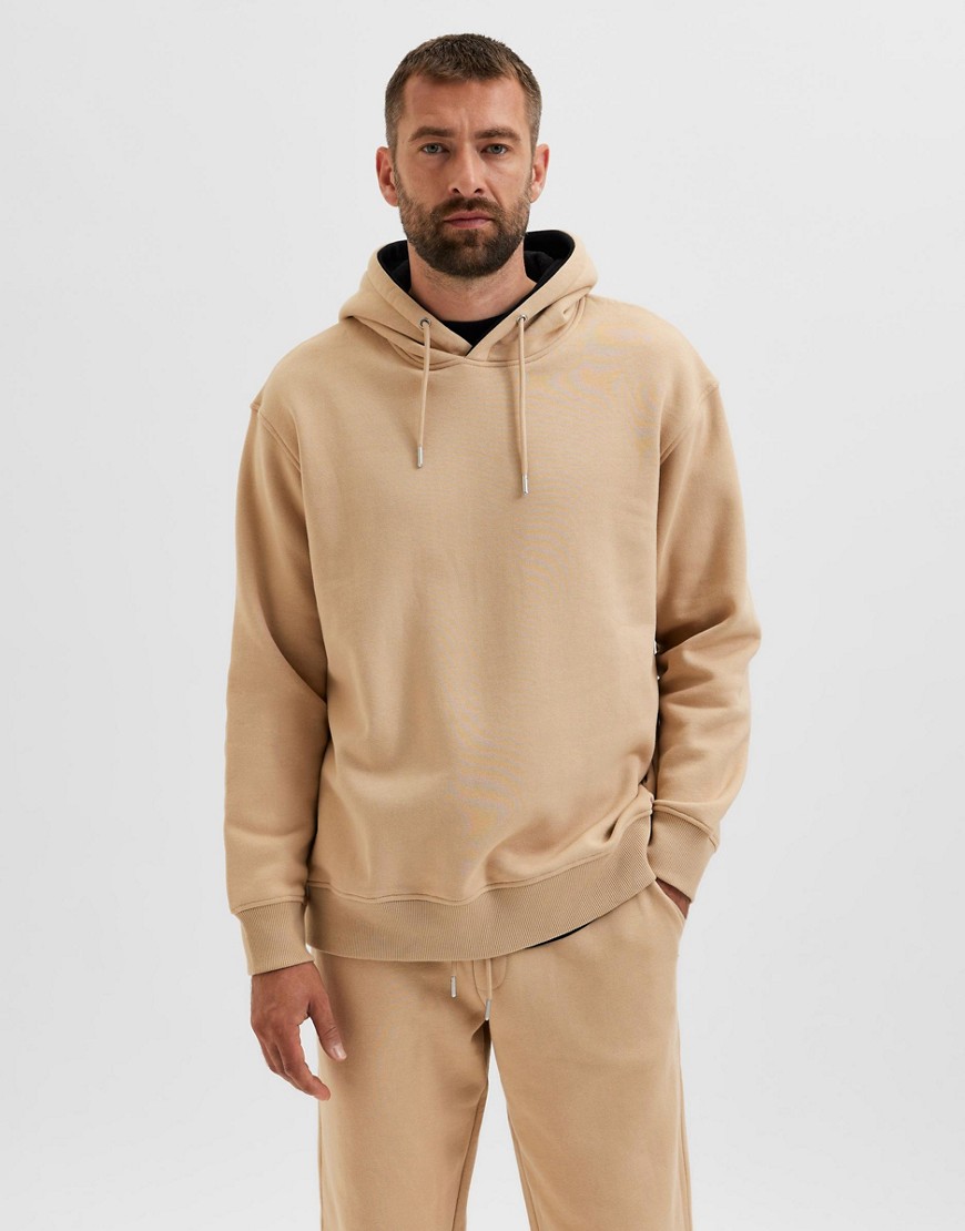 Selected Homme oversized hoodie with contrast hood in beige - part of a set-Neutral