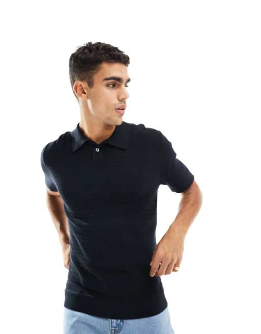Selected Homme oversized knitted polo in black 