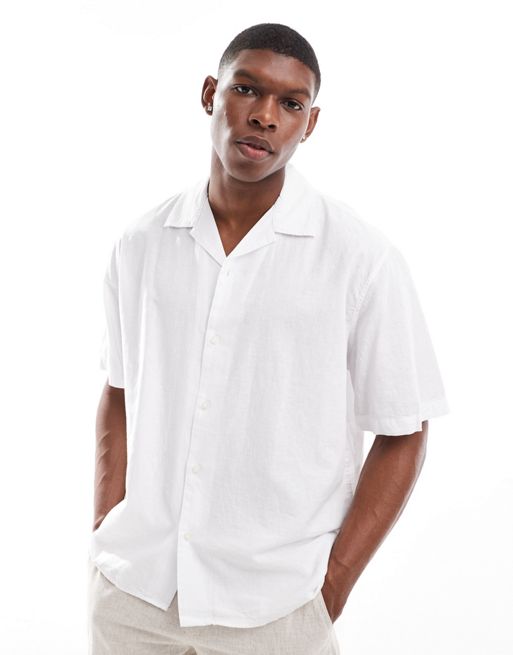  Selected Homme oversized linen mix revere collar shirt in white