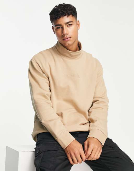 Selected Homme oversized mock neck sweat with logo in beige | ASOS